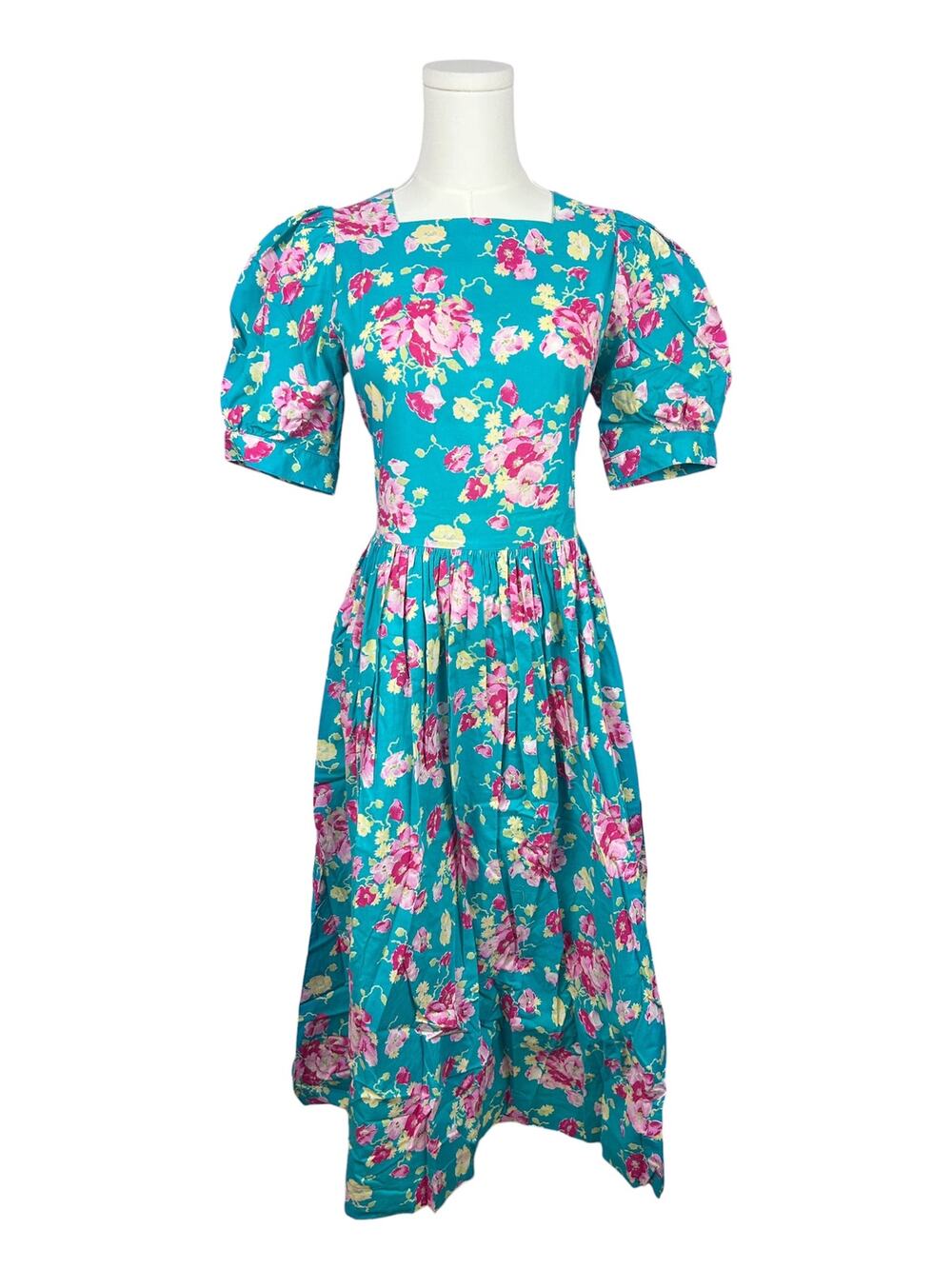 Laura Ashley Blue Puff Sleeve Square Neck 80s Floral Midi Cottage Tea Dress 10 L
